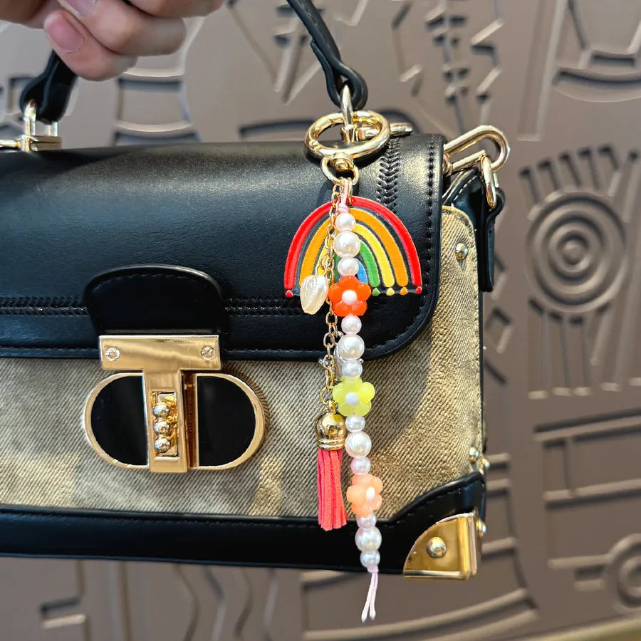 Cute Metal Keychain Pendant Beaded Bookbag Girl's Bag Charm  Style Cartoon Design Half Handmade Flower