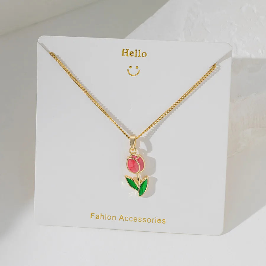 Wholesale Jewelry Basic Simple Style Commute tulips 304 Stainless Steel 18K Gold Plated Plating cable chain Pendant Necklace