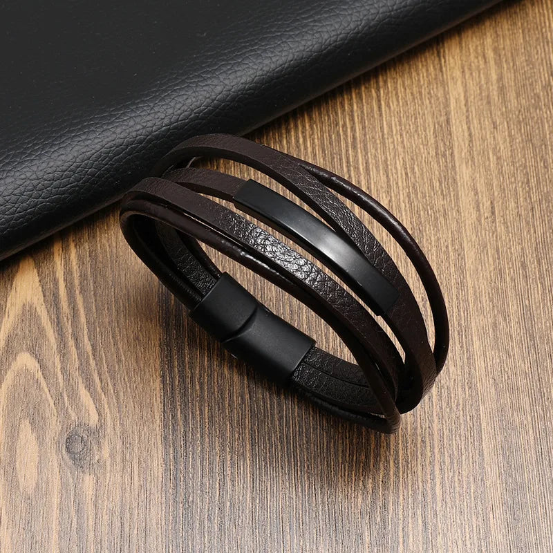 Factory Direct Sales  Hot Stainless Steel Leather Cord Bracelet Men's Magnetic Buckle Multilayer Simplicity Woven Leather Bracelet