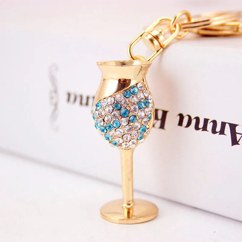 creative diamond-studded goblet keychain red wine glass key chain metal pendant