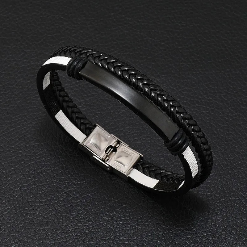 Simple Style Solid Color 304 Stainless Steel Pu Leather Men's Bracelets Men Cord & Leather Bracelets