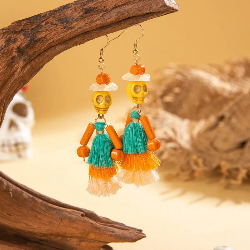 Creative Halloween Skull Tassel Earrings  Style Funny Geometric Pattern Handmade Alloy Women's Jewelry