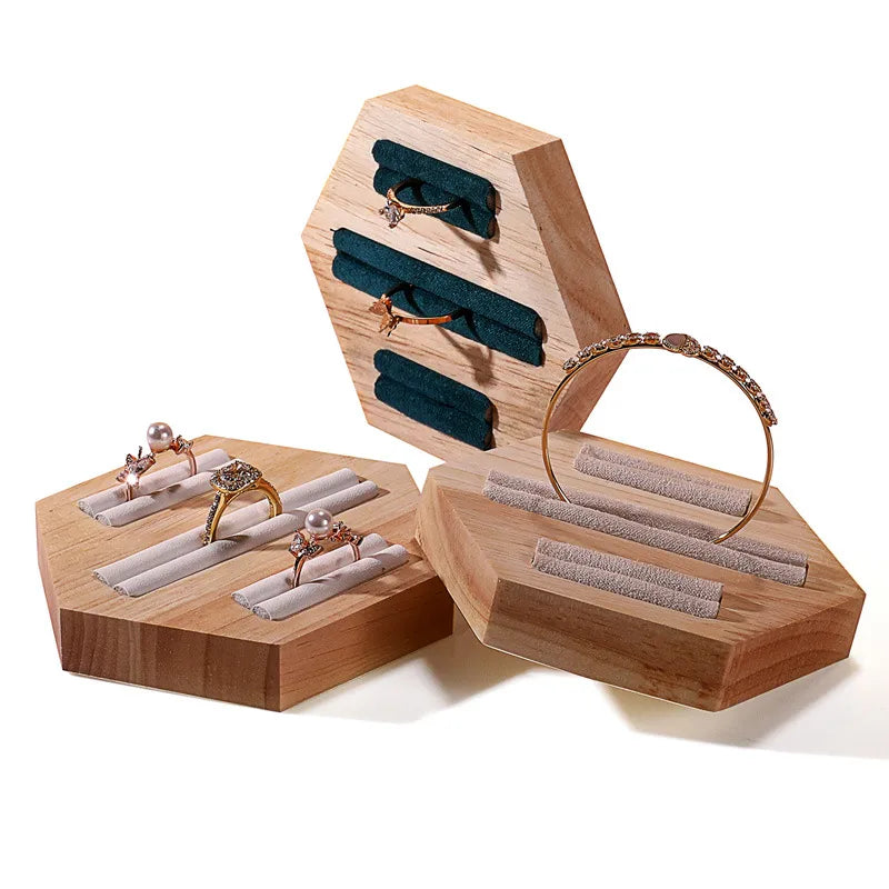 Wooden Jewelry Display Stand Ring Holder Shop Window Props Stall Selling Hexagonal Pattern Real Wood Craft Academic Style