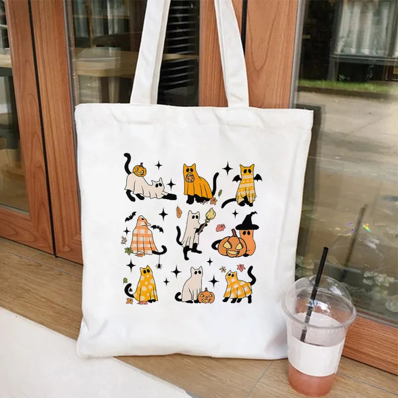 Cute Cat Halloween Party Bag Women Ghost Canvas Tote Bag Harajuku Fashion Shopping Bag Square Shape Large Size Retro Print