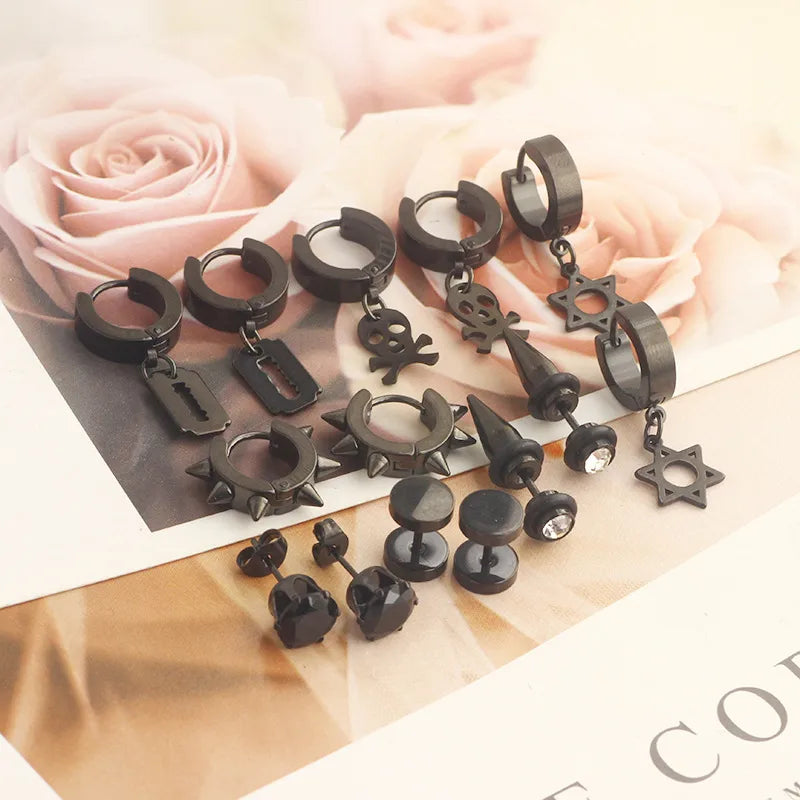 punk round stainless steel inlay zircon earrings 1 set