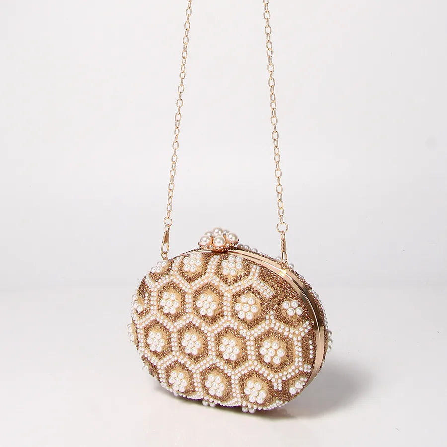 Gold Pu Leather Flower Oval Evening Bags