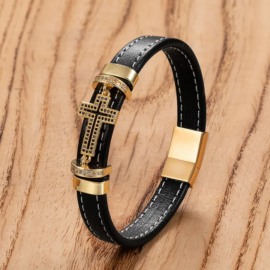 Retro Punk Simple Style Cross 316L Stainless Steel  Leather rope Women's Men's Bracelets Men Cord & Leather Bracelets