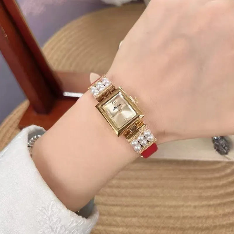 Luxurious Pearl Women's Watch Genuine Leather Strap Quartz Movement Square Face Fashionable Minimalist Design New  Model