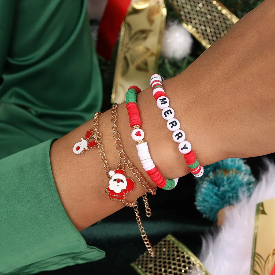 Christmas Deer Santa Claus Letter Bell Bracelet Set Soft Ceramics Cartoon Character Zinc Alloy Unisex