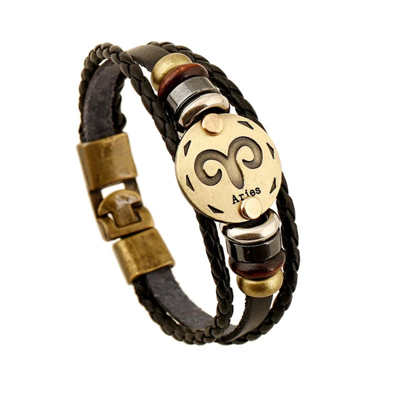 retro streetwear geometric pu leather alloy men's bangle