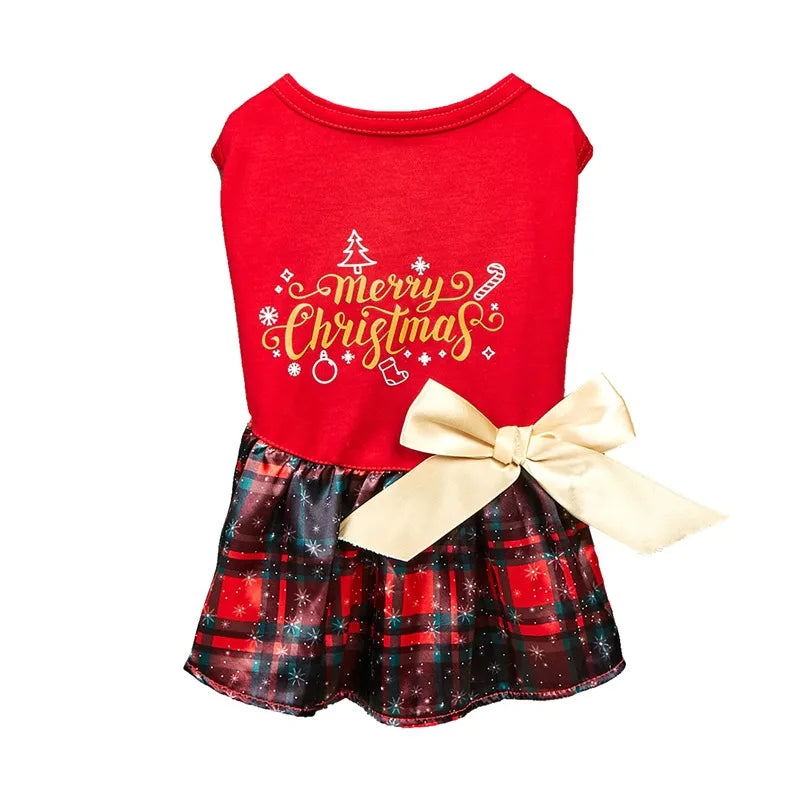Christmas Print Butterfly Bowknot Ribbon Dress Princess Style Dog Skirt Teddy Costume Pet Clothes  Hot Sale