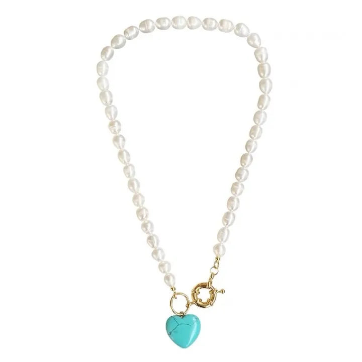 Freshwater Pearl Copper Turquoise Beaded Chain Beaded Plating Inlay Heart Shape Pendant Necklace