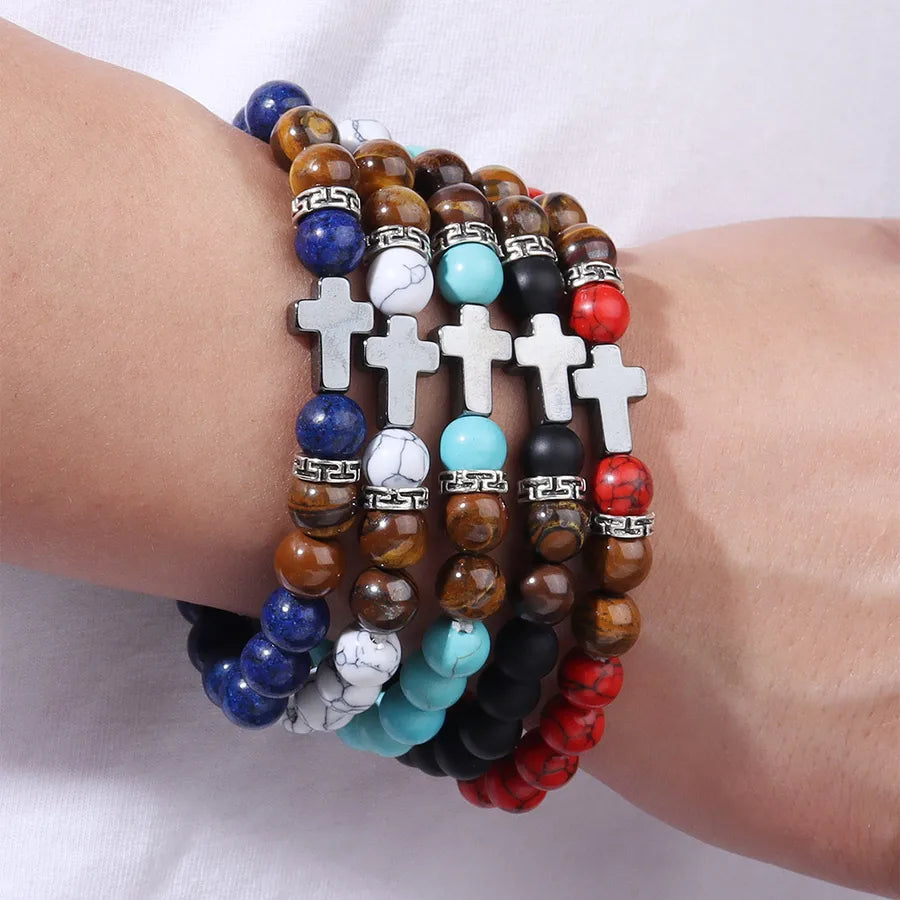 Hot-Selling Cross Beaded Bracelet Turquoise Tiger Eye Stone Men's Bracelet Yiwu Jewelry Wholesale Stall
