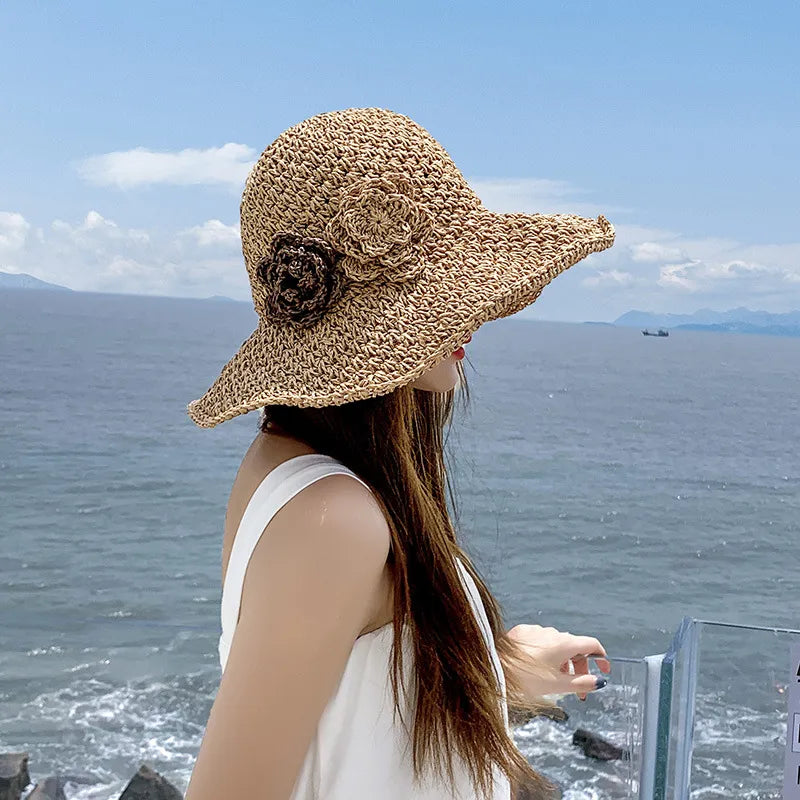 Women's Vacation Beach Simple Style Solid Color Flower Big Eaves Sun Hat Straw Hat