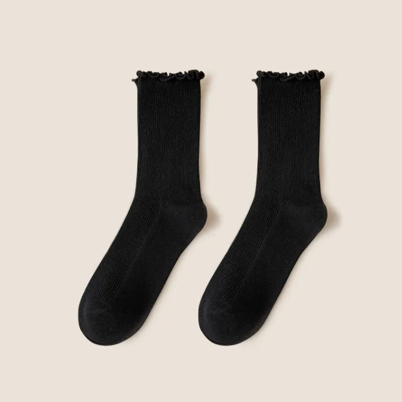 Wooden ear socks women's mid-calf socks summer thin pile socks summer black white autumn stockings loafers fashion