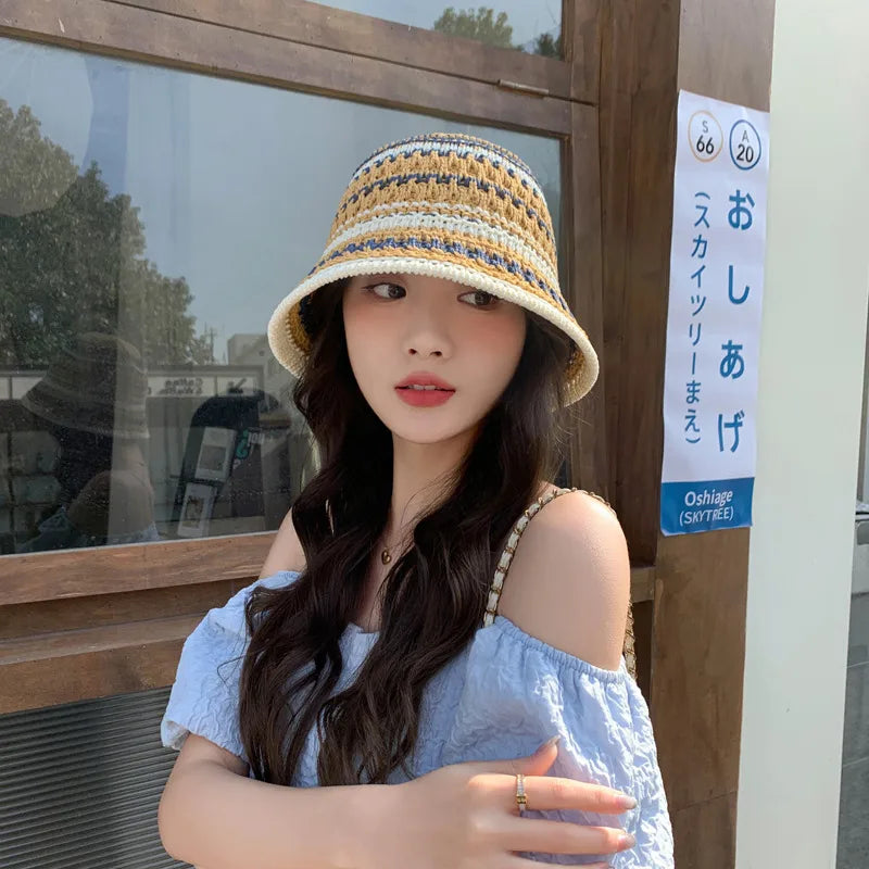 Women's Elegant Stripe Hollow Out Eaveless Bucket Hat