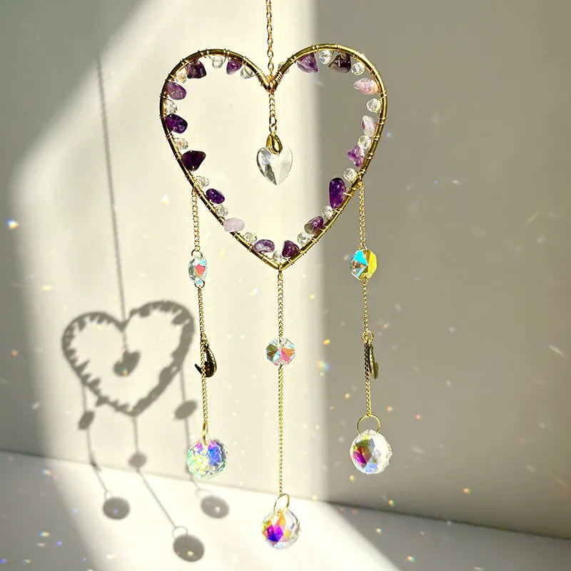 Elegant Romantic Heart Shape K9 Crystal Natural Crystal Iron Wind Chime Wall Art