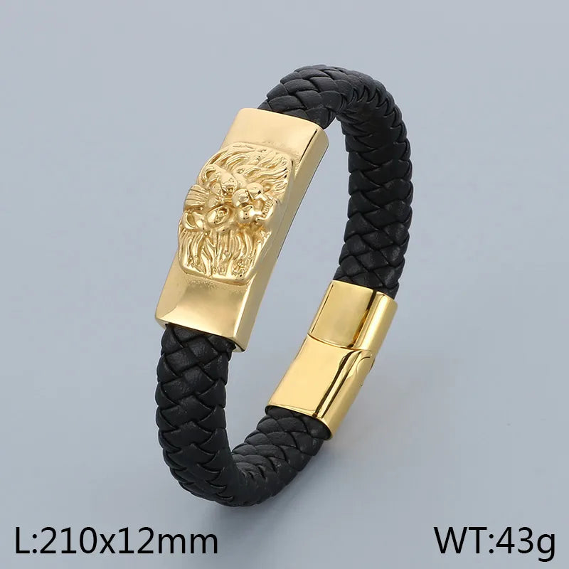 Business Lion Skull 304 Stainless Steel Leather Knitting 18K Gold Plated Halloween Men's Bangle