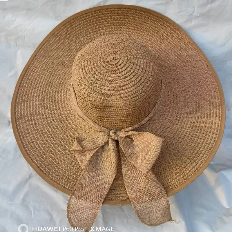 women's basic solid color bowknot side of fungus straw hat