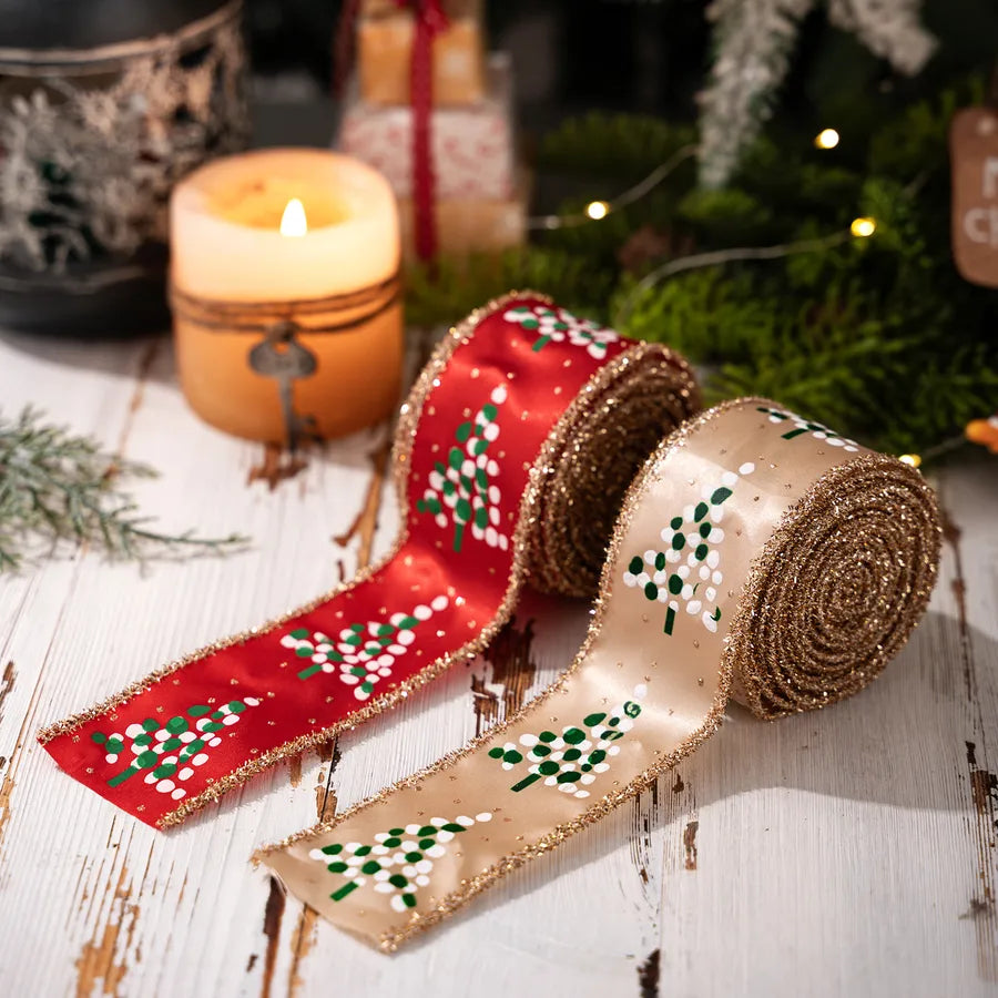 HaoBei New Print Onion Powder Small Tree Woven Belt Christmas Satin Ribbon Christmas Tree Flower Ring Decoration Silk Ribbon Arrangement Colorful Belt