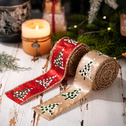 HaoBei New Print Onion Powder Small Tree Woven Belt Christmas Satin Ribbon Christmas Tree Flower Ring Decoration Silk Ribbon Arrangement Colorful Belt