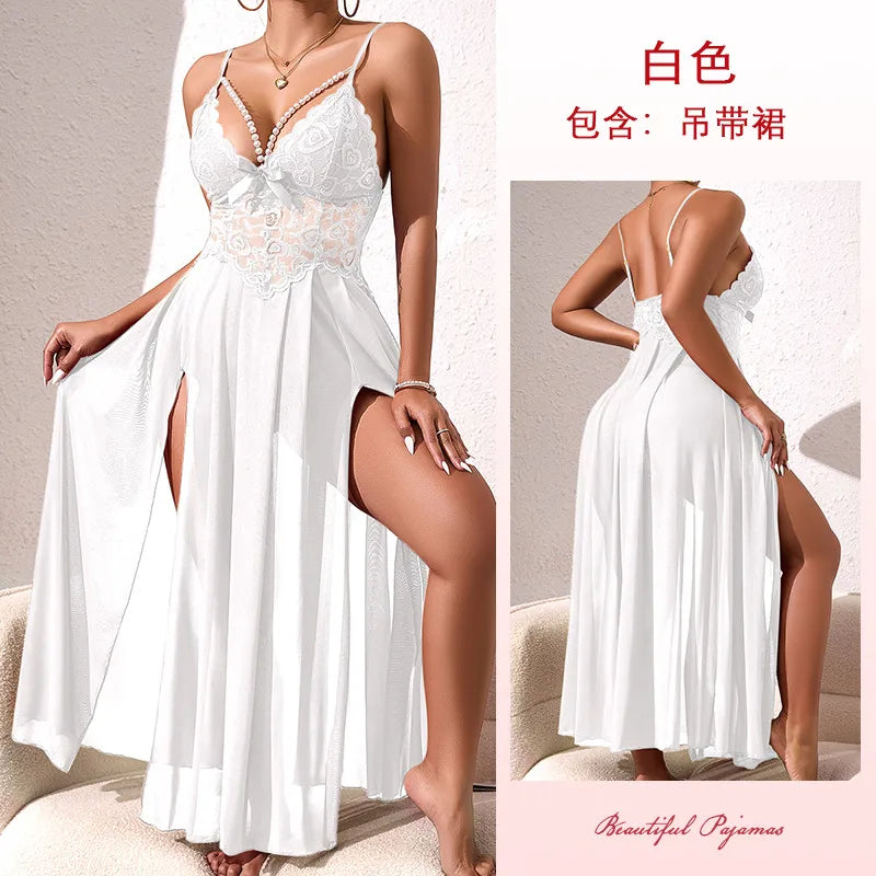New Pearl Trimmed Backless Sleep Dress Multicolored Sexy Mesh Side Slit Seductive Strap Gown Irresistible Summer Nightgown