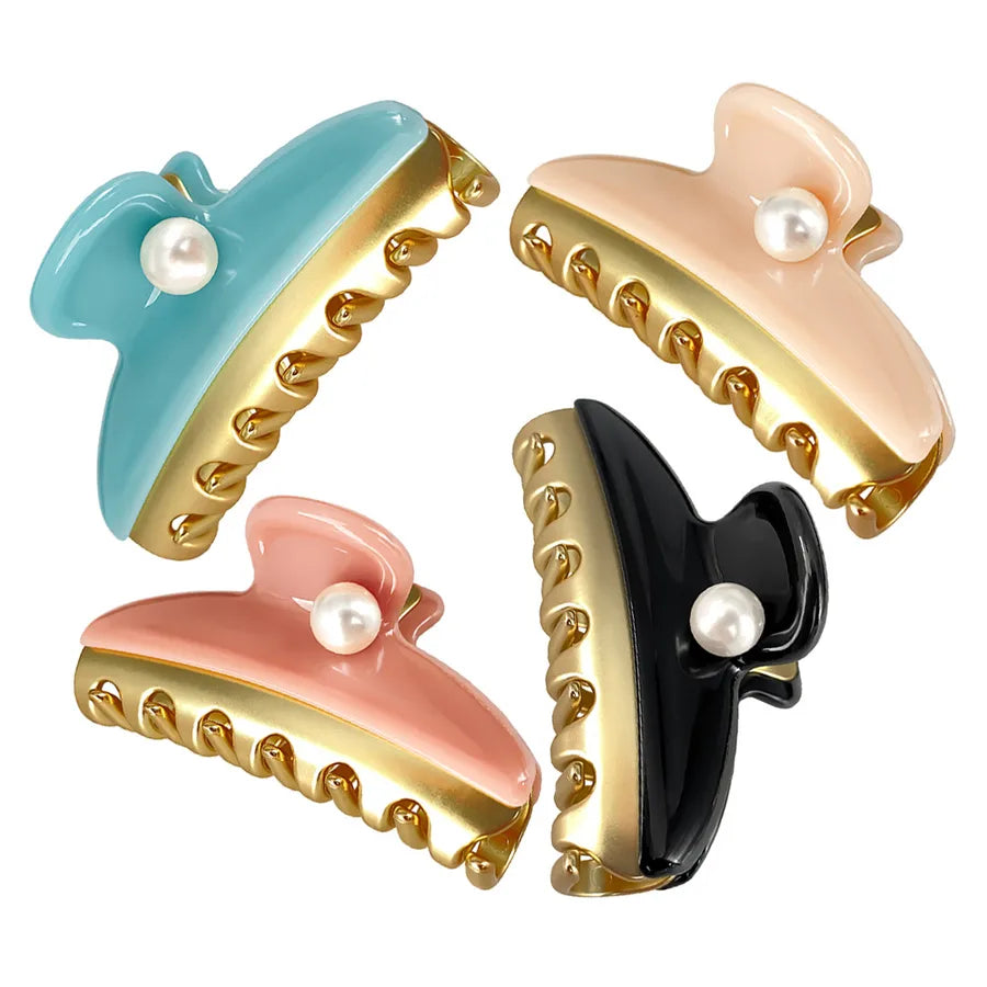 Dopamine Color Block Pearl Spring Clip Acetate Hair Grips Women Shark Clips Versatile Hair Accessories Casual Style