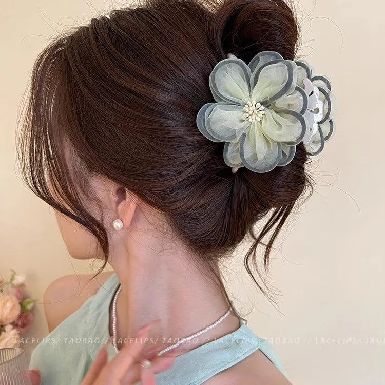 Summer High-End Tea Flower Hair Clip Women's Shark Bite Headwear Forest System Mesh Hair Accessories Vacation Style Hairpin
