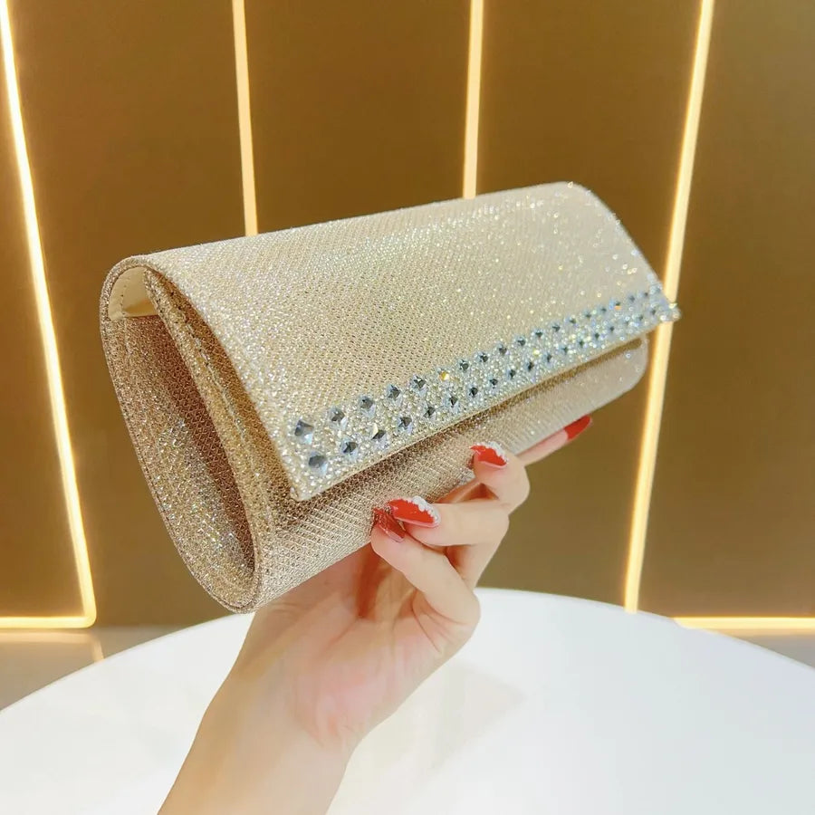 Shiny Diamond Embedded Women's Handbag New Fashion Elegant Dinner Bag Single Shoulder Slant Cross Bag Breadstick Shape Bag