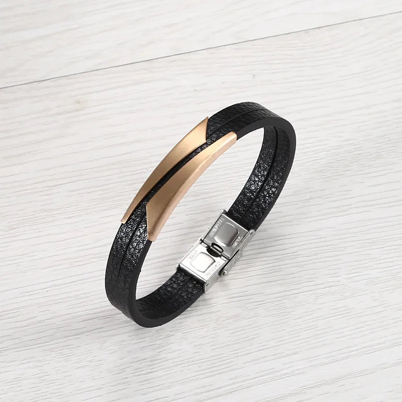 Ethnic Style Solid Color Pu Leather Titanium Steel Men's Bracelets Men Cord & Leather Bracelets