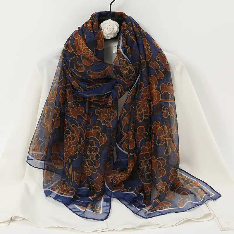 women's elegant lady color block high quality yarn printing silk scarf