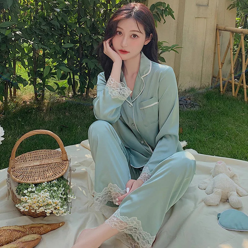 Pure Color Lace Splice Smooth Ice Silk Sleepwear Set Women Long Sleeve Long Pants Two Piece Set High-End Sensation Home Clothes