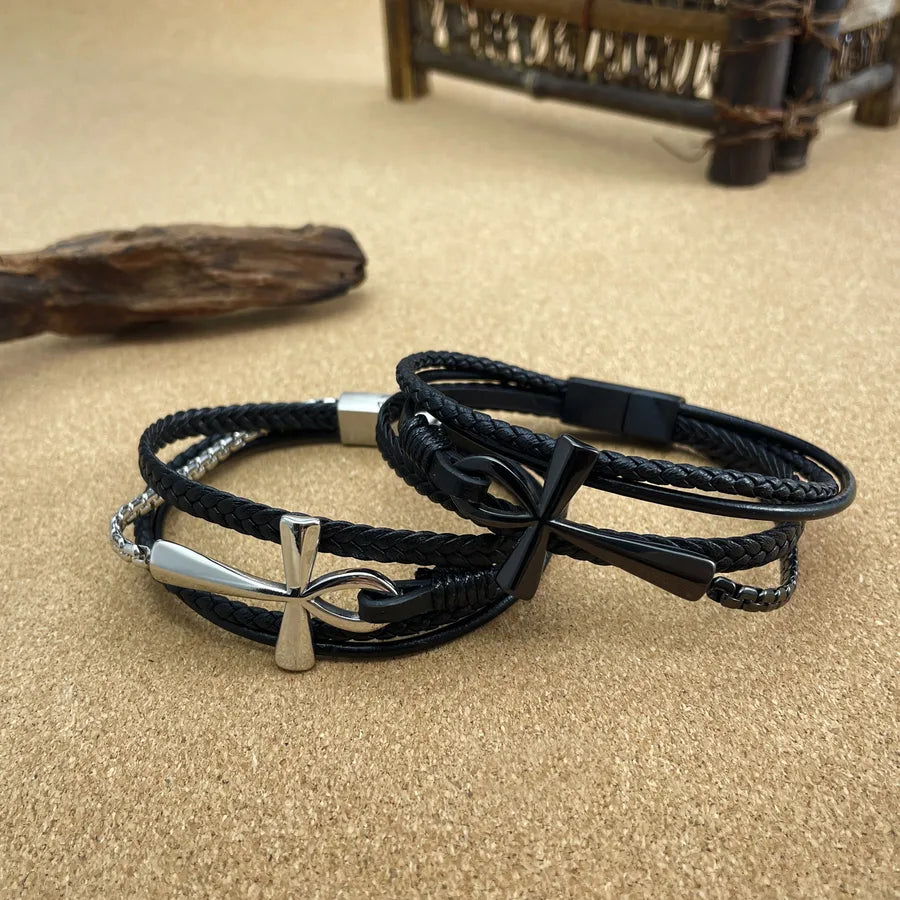 Hip-Hop Retro Cross Pu Leather Men's Bangle