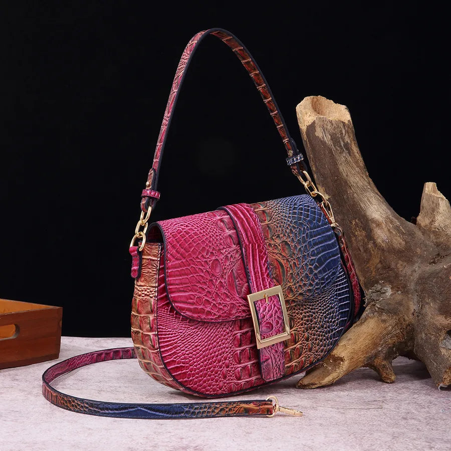 Women's Medium Pu Leather Crocodile Elegant Vintage Style Oval Buckle Crossbody Bag