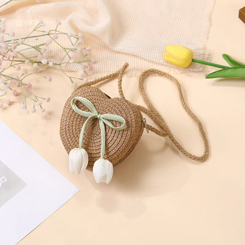 Summer Beach Seaside Tulip Straw Woven Bag  New Children Flower Straw Bag Mobile Phone Crossbody Bag