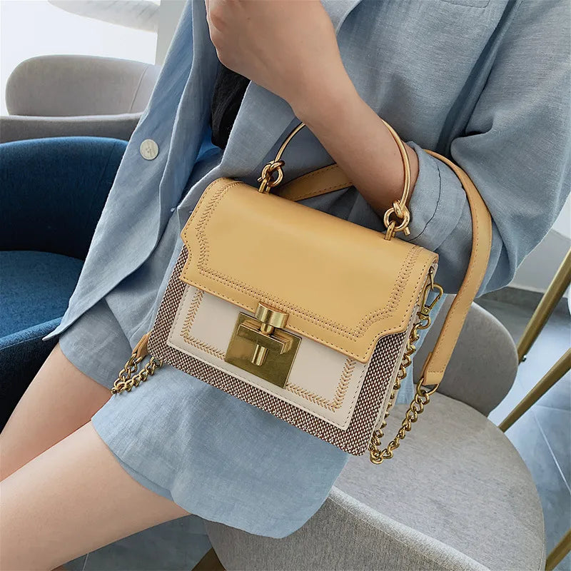 women's small pu leather color block fashion square lock clasp handbag