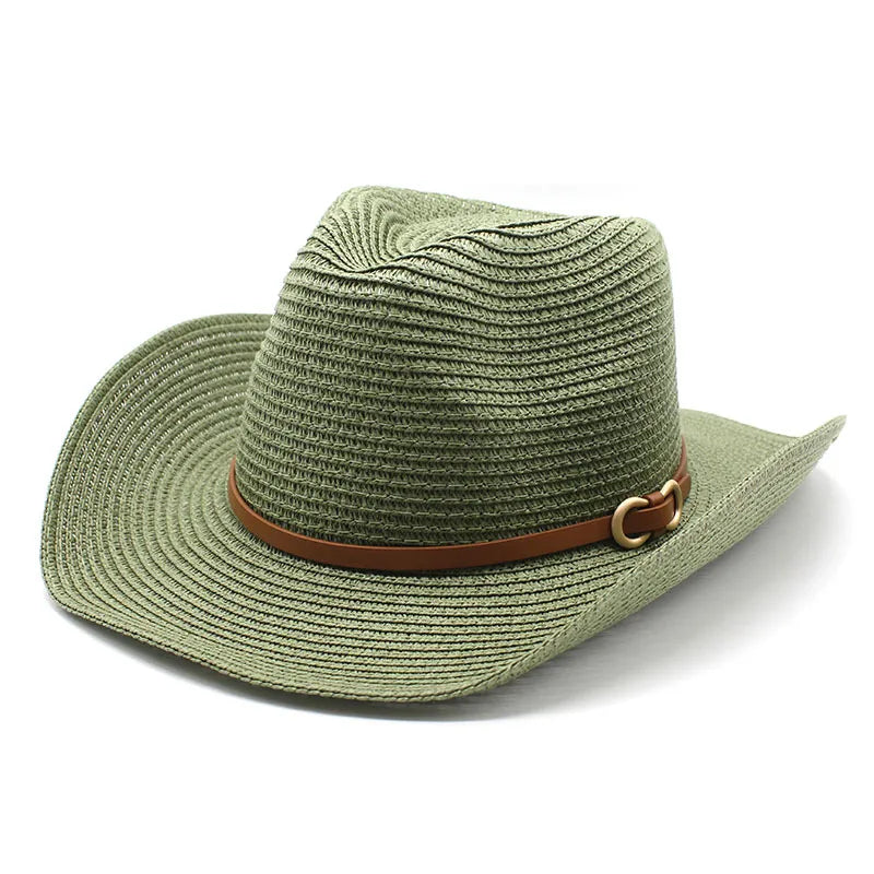 women's cowboy style solid color flat eaves straw hat