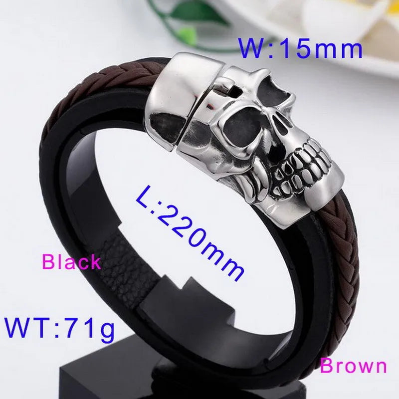 hip-hop retro color block pu leather titanium steel braid men's bangle