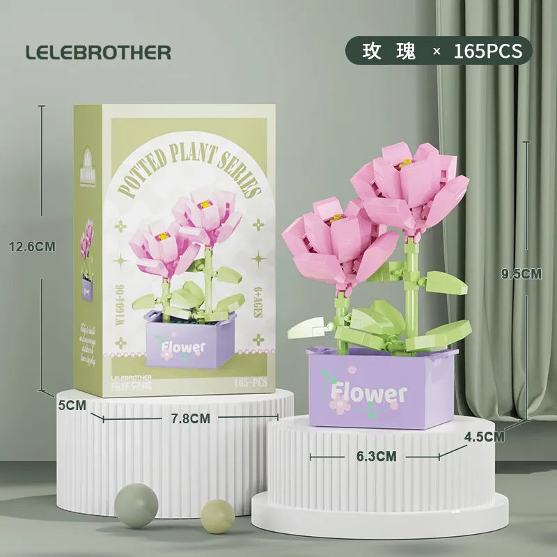 Compatible with  Blocks Flower Children's Educational Assembled Simulation Eternal Flower Flowers Fleshy Potted Toy Gift Wholesale
