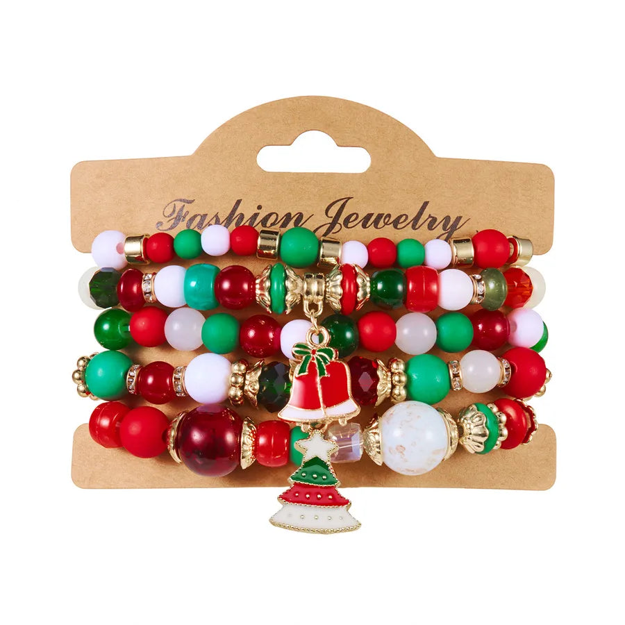 Christmas Theme Acrylic Bracelet Set For Women Elastic Santa Claus And Deer Beads Colorful Holiday Hand Chain Jewelry