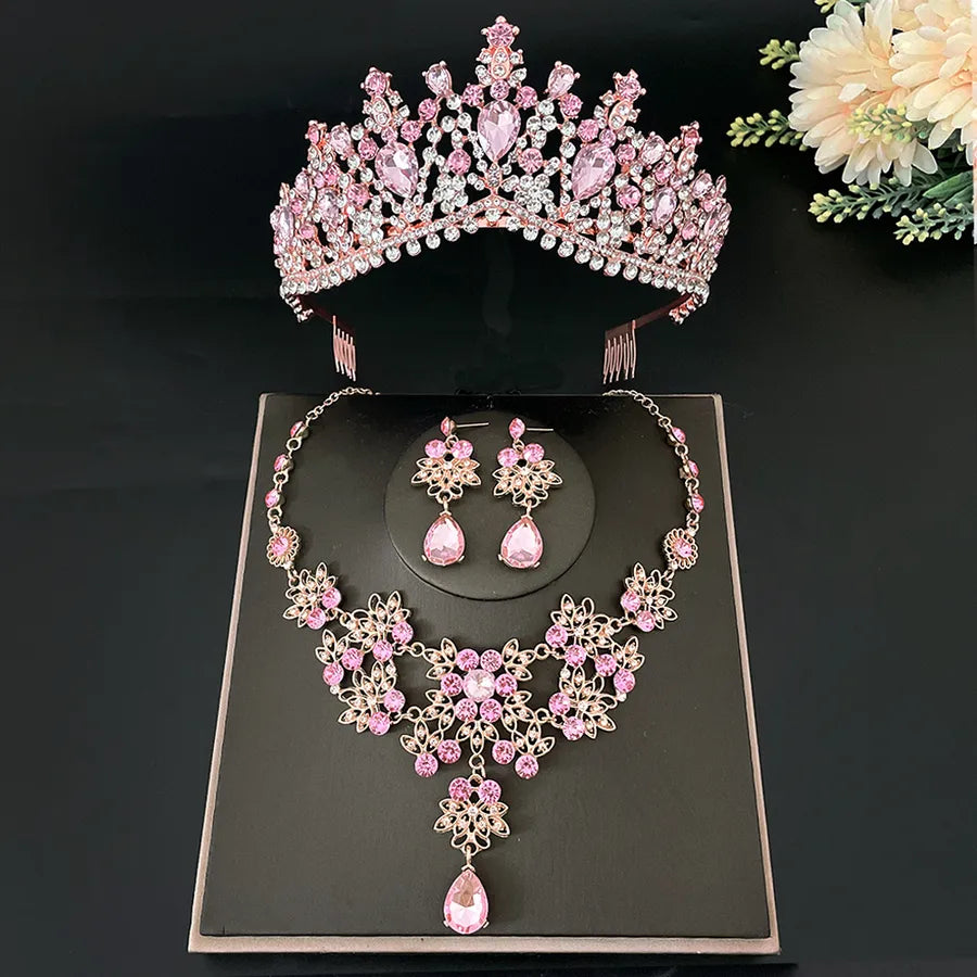 sweet water droplets heart shape alloy plating inlay rhinestones women's crown earrings necklace