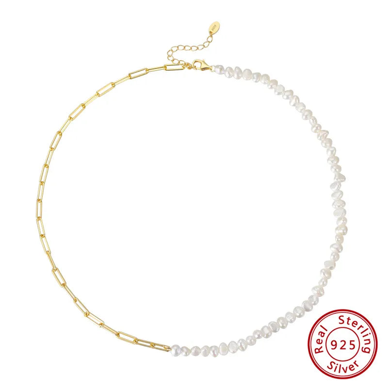 925 Sterling Silver Freshwater Pearl cable chain Plating Geometric Double Layer Necklaces Pendant Necklace Necklace