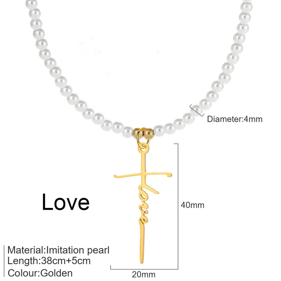 Elegant Simple Style Cross Letter 304 Stainless Steel Imitation Pearl Beaded Chain Beaded Necklaces Wholesale