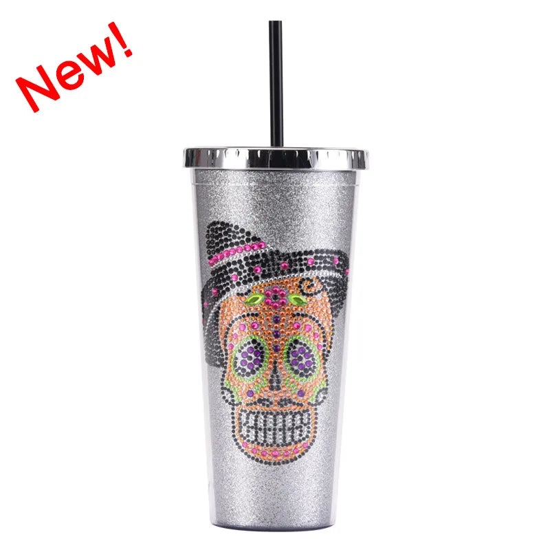 new double-layer plastic straw cup creative halloween skull head large capacity drink cup