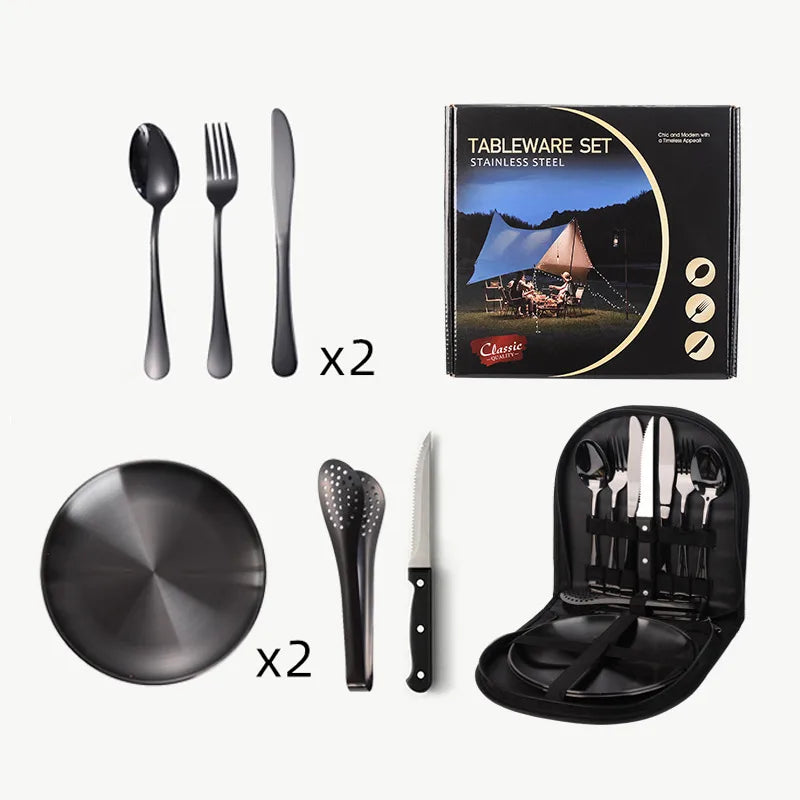 Outdoor travel stainless steel tableware camping picnic barbecue plate clip steak knife, fork and spoon suit portable storage bag