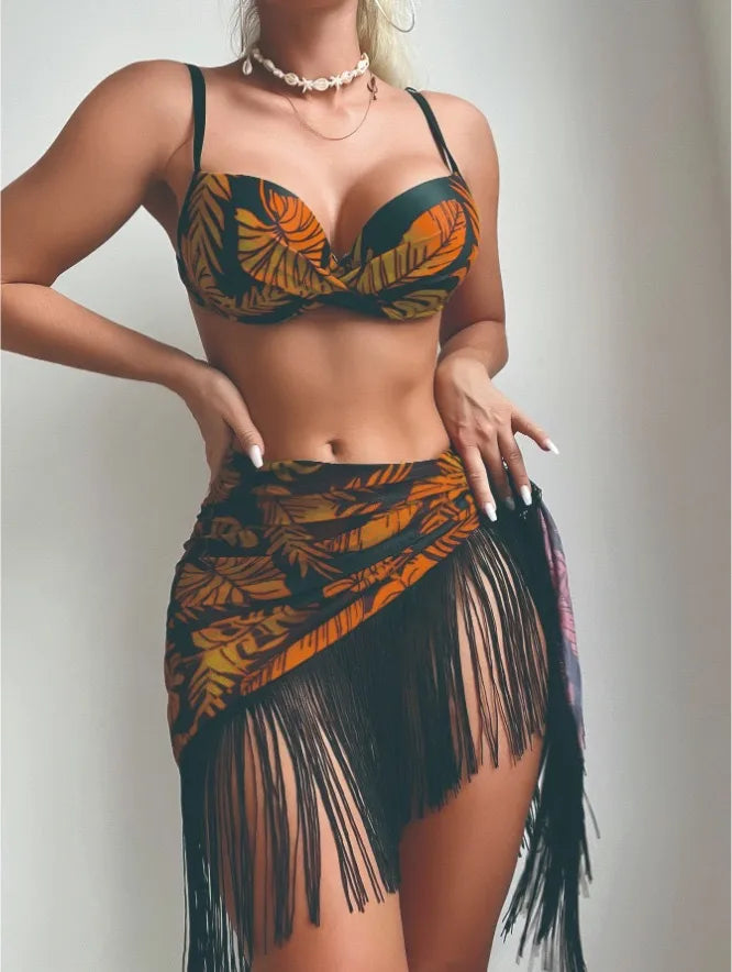 Women's Vacation Plant 3 Pieces Set Bikinis Swimwear