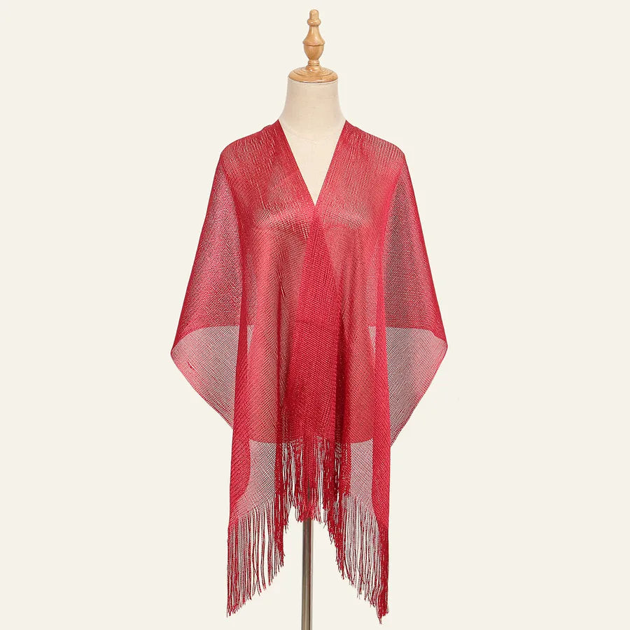 Women's Elegant Solid Color Gold and Silver Wire Tassel Scarf