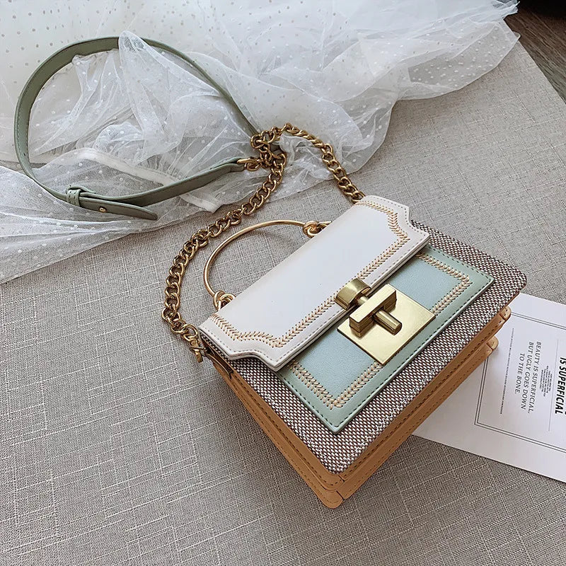 women's small pu leather color block fashion square lock clasp handbag