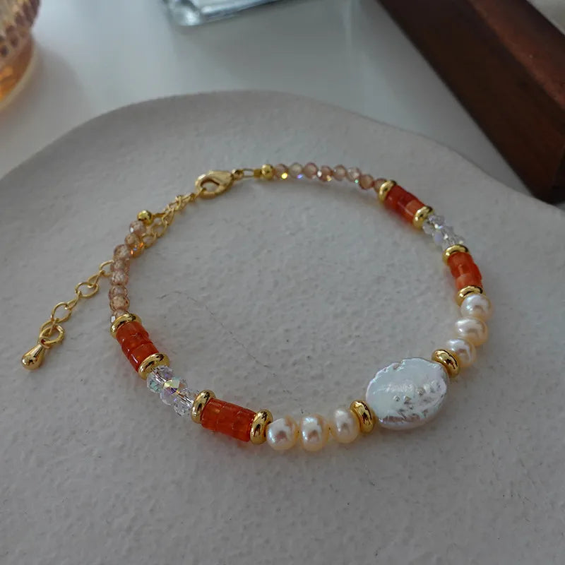 Retro Japanese Style Geometric natural stone Freshwater Pearl Agate Pendant Necklace In Bulk