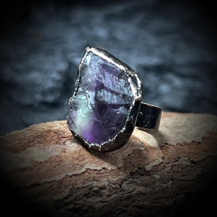 Hip-Hop Retro Geometric natural stone Crystal Fluorite Bronze Plating Open Rings In Bulk